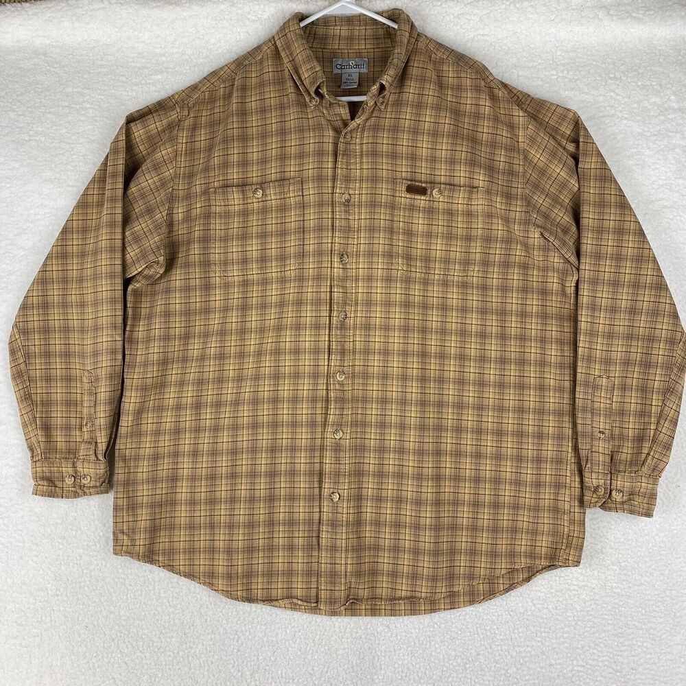 Carhartt Shirt Mens Size XLT Tall Tan Yellow Plaid‎ Button Down Workwear